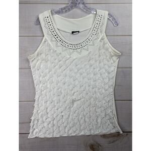 Ashley Jill Tank TOp Womens L White Ruffled Studded Scoop Neck Stretch Boho